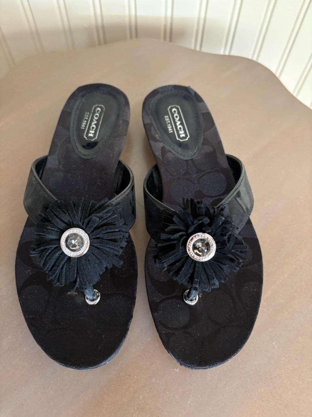 Coach Black Floral Accent Thong Sandals